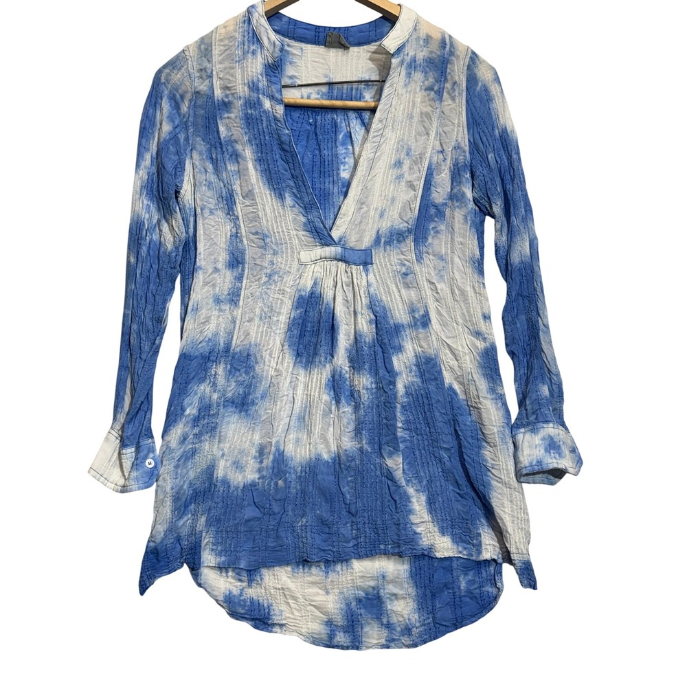 Coast Tie Dye Pintuck Tunic Top Blue White Boho V-Neck Rayon Small Women